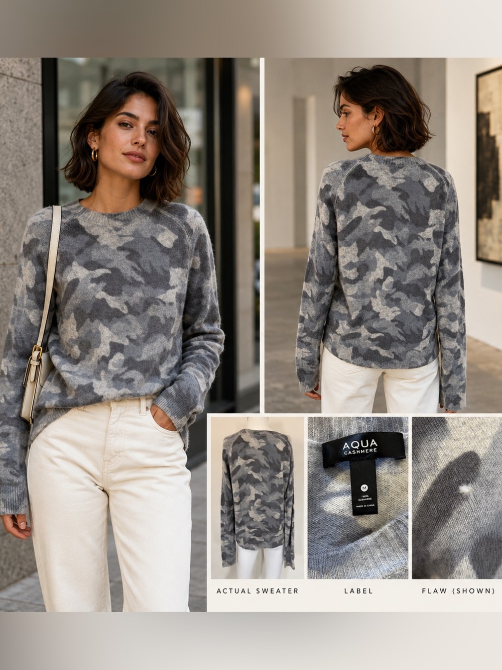 Aqua Cashmere Gray Camo 100% Cashmere Sweater M